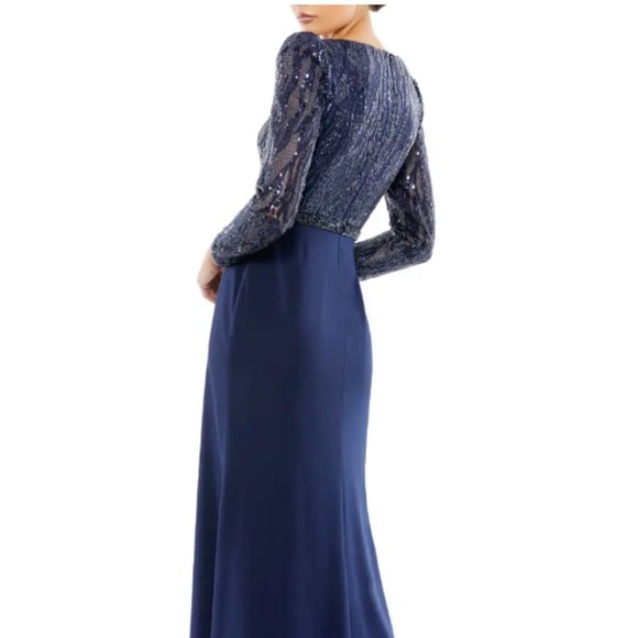 MAC DUGGAL V-NECK LONG SLEEVE SEQUIN EMPIRE WAIST MIDNIGHT NAVY GOWN sz 14 - Picture 2 of 6